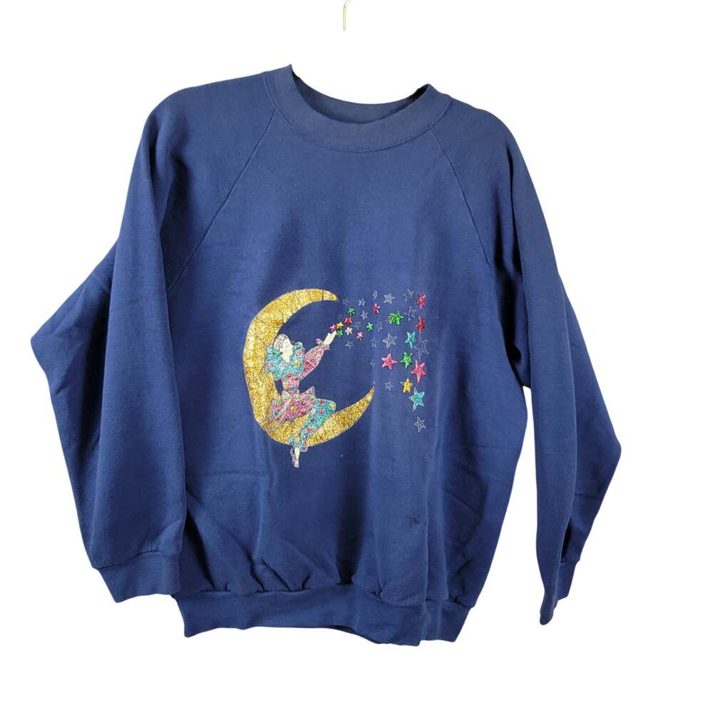 Vintage Fruit of the Loom Womens Embroidered Woman on Moon Sweatshirt Large Blue